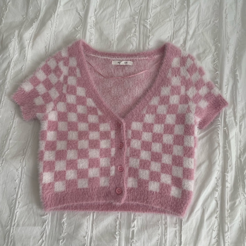 PacSun fluffy checkerboard cropped sweater top size XS